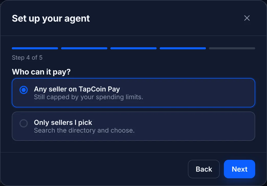 Step 4: who it can pay, any seller or only ones you pick