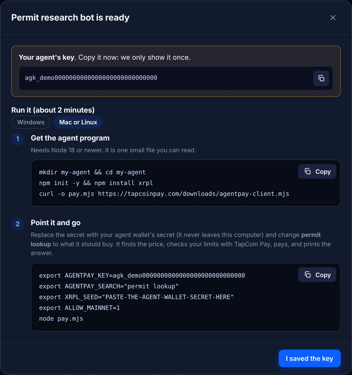 Done: the agent key and three copy and paste steps to run it