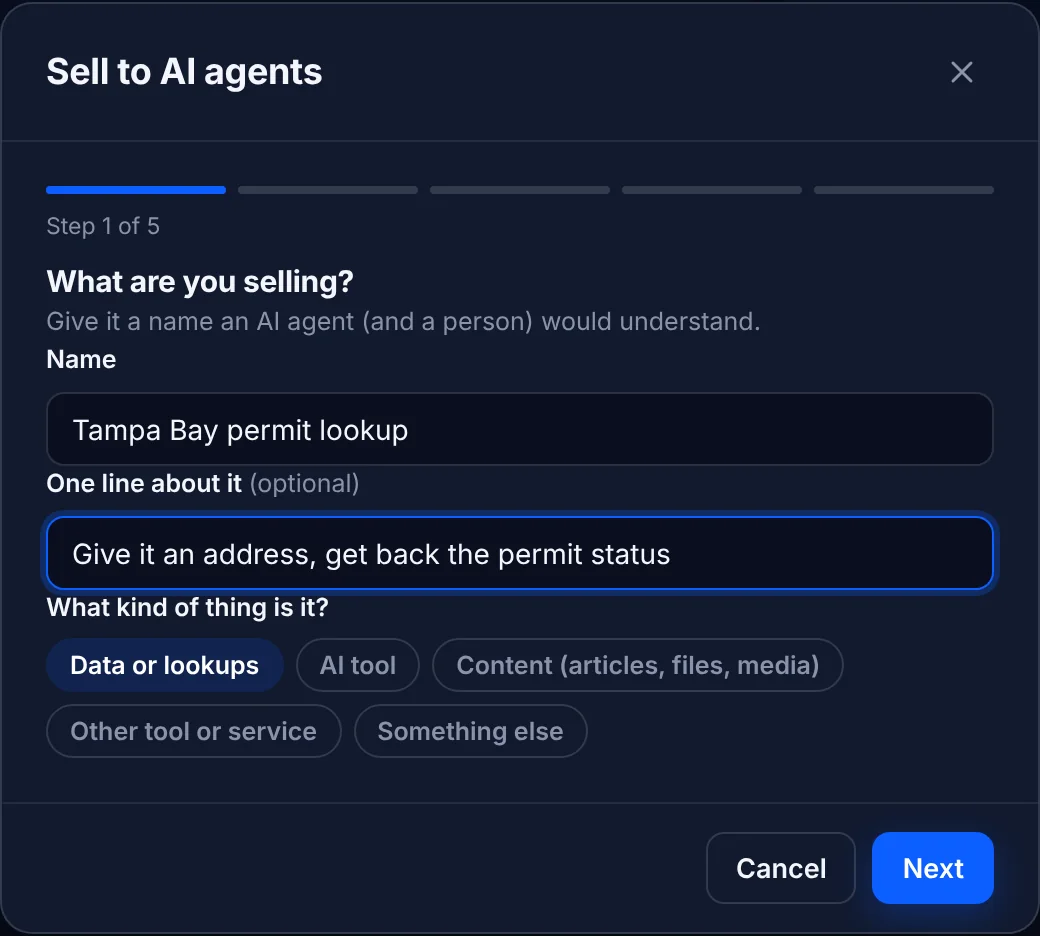Step 1: what are you selling, with a name, a one-line description and a kind of thing