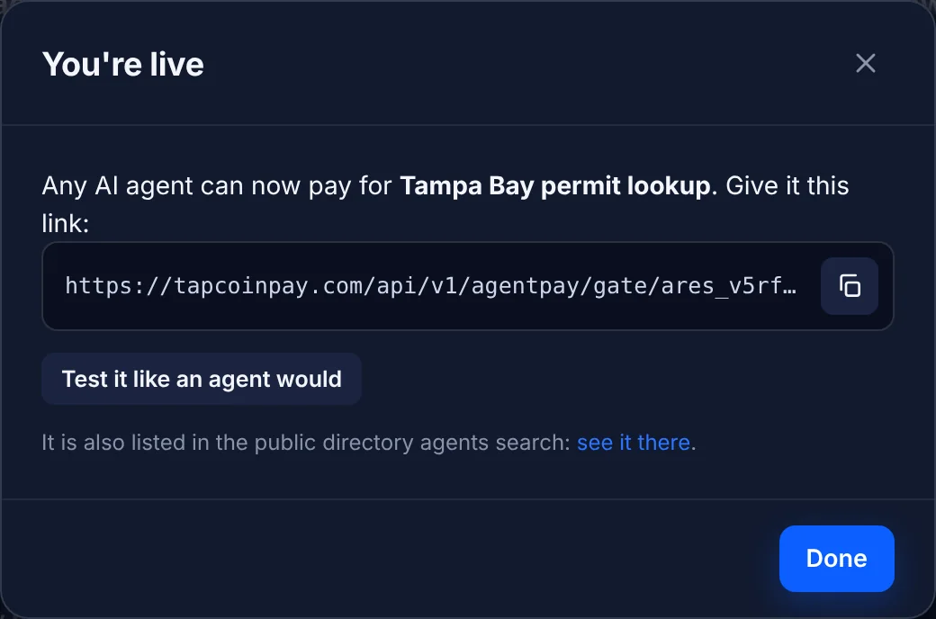 Done: your paid link, with a button to test it like an agent