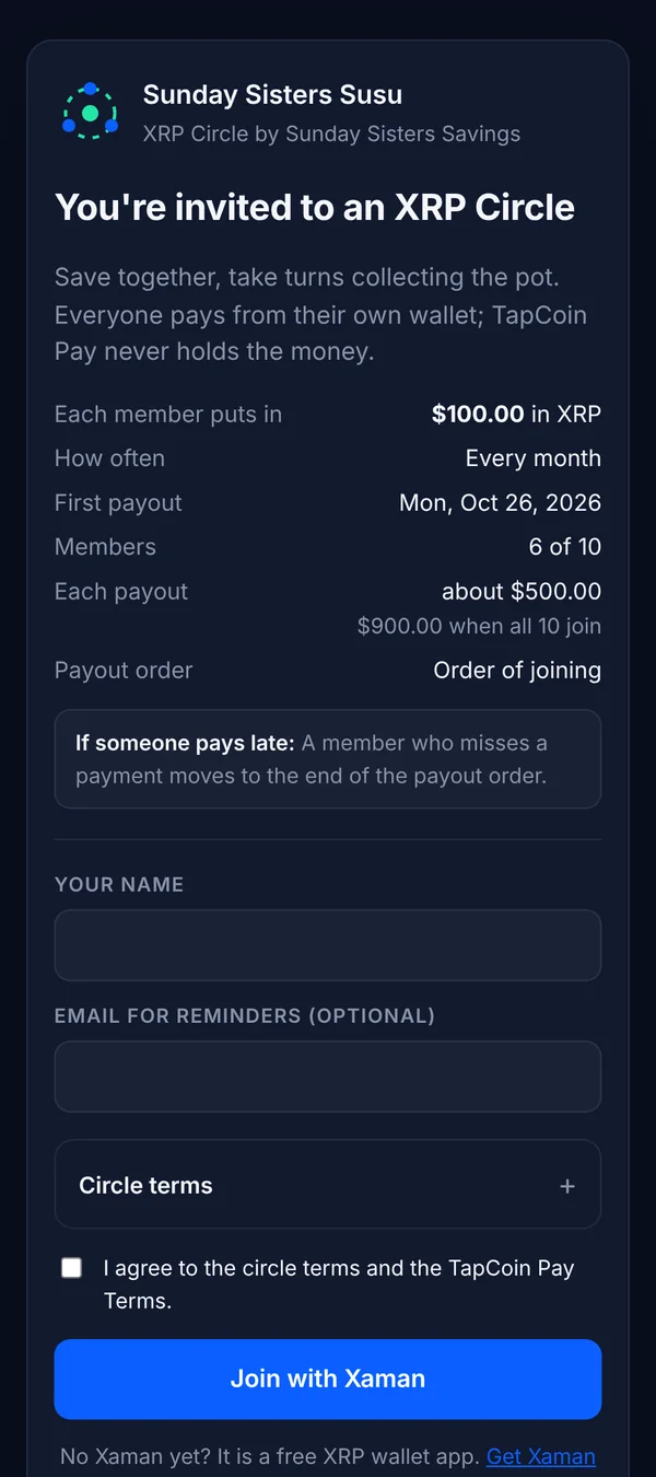 The invite page: the amount, schedule, late-payment rule and a Join with Xaman button