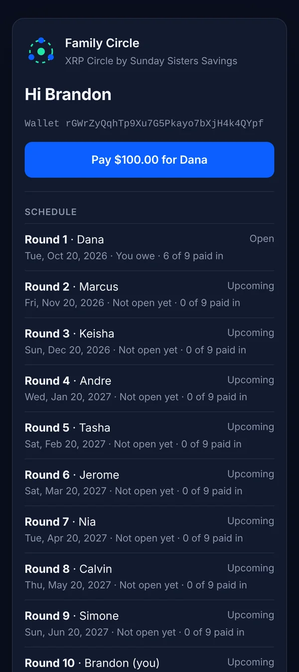A member's page with a Pay $100.00 for Dana button and the full schedule